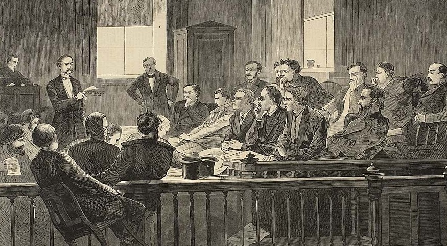 Jurors Listening to Counsel, New York Supreme Court, Harper's Weekly, 20 Feb. 1869.